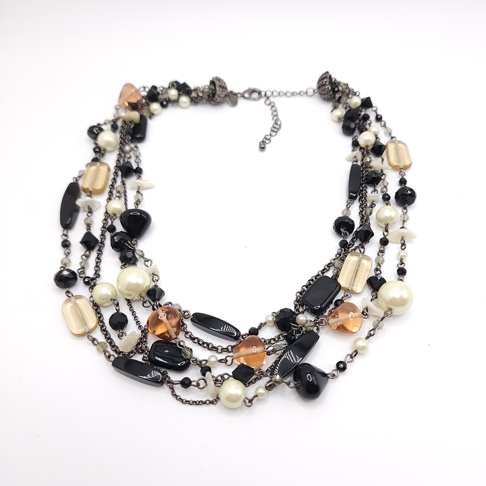 Lia Sophia Vixen Multi Strand Necklace Black Cream Beaded Statement 19-22"